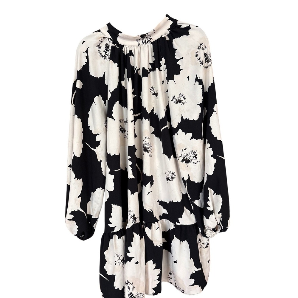 H&M Floral Mini Dress Women Black White Tie Back Ruffle Shift SIZE XL